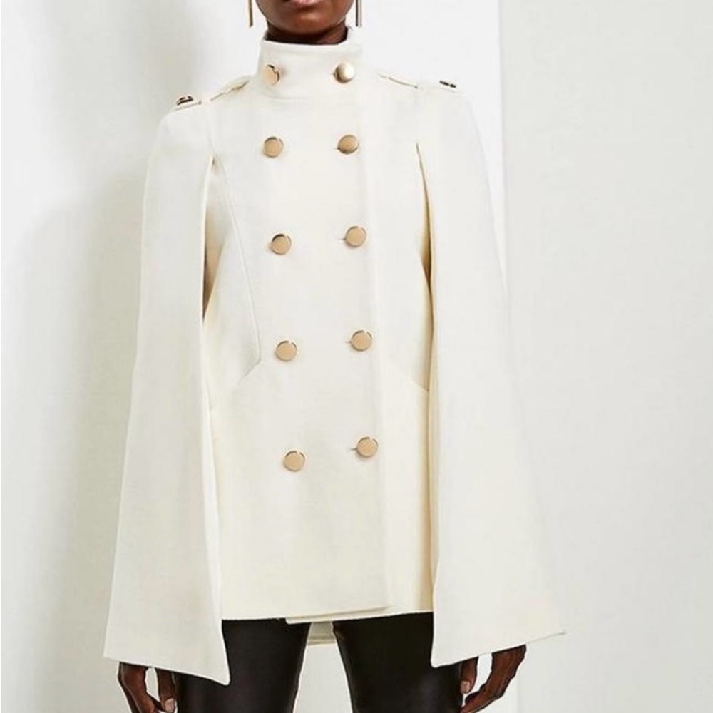 KAREN MILLEN Elegant Double-Breasted Cape Military Coat - Ivory 2 XS